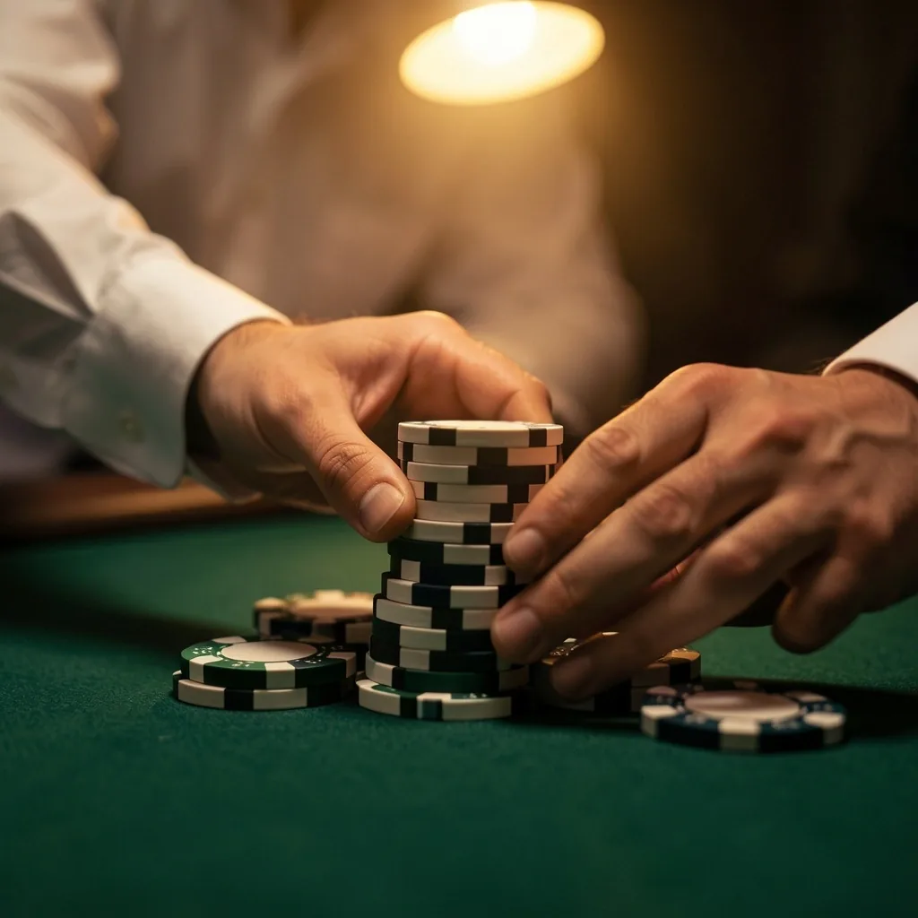 Dealer's hands arranging chips on dark green felt
