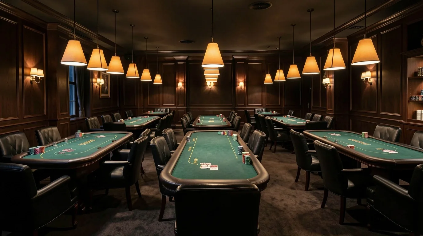 Poker Club room with several tables after closing