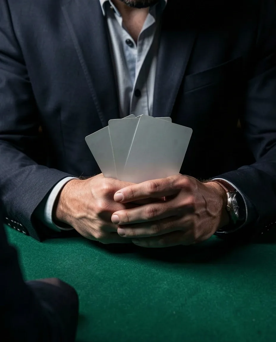 Player's hands with cards at the poker table